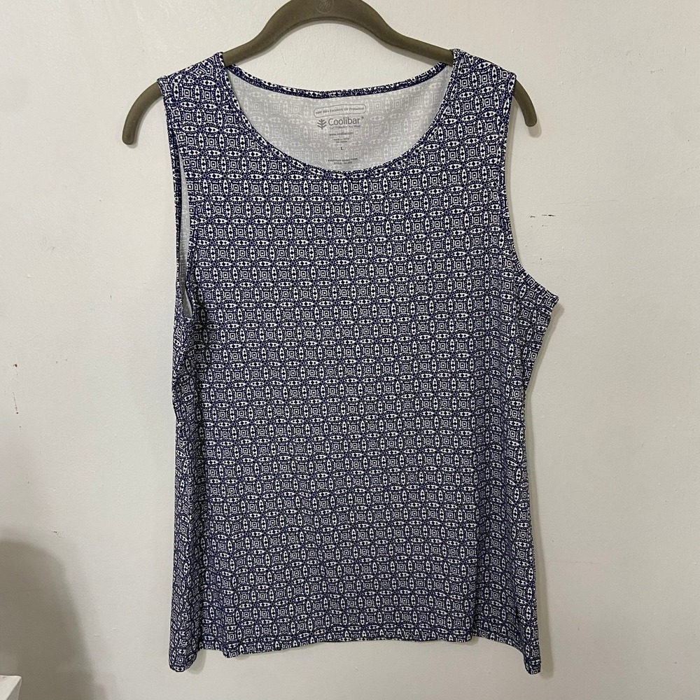 Coolibar UPF 50+ Everyday Basic Tank Top Blue White Geometric Print Large READ